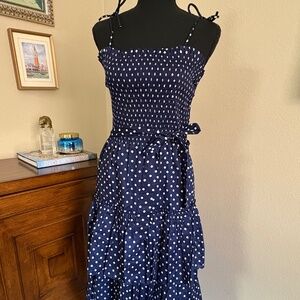 Tory Burch Navy White Dot Smocked Ruffle Midi Dress Size M Retail $358-NWT